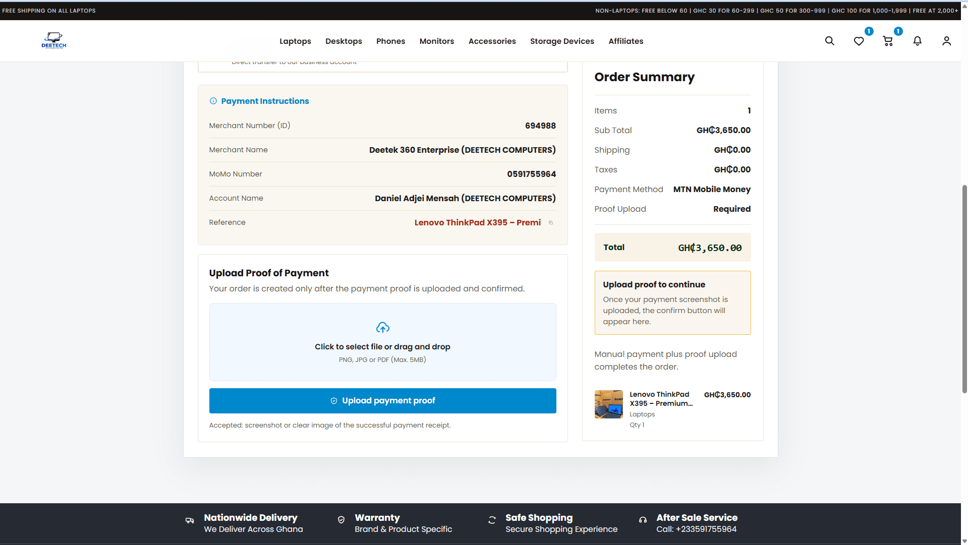 Order confirmation details