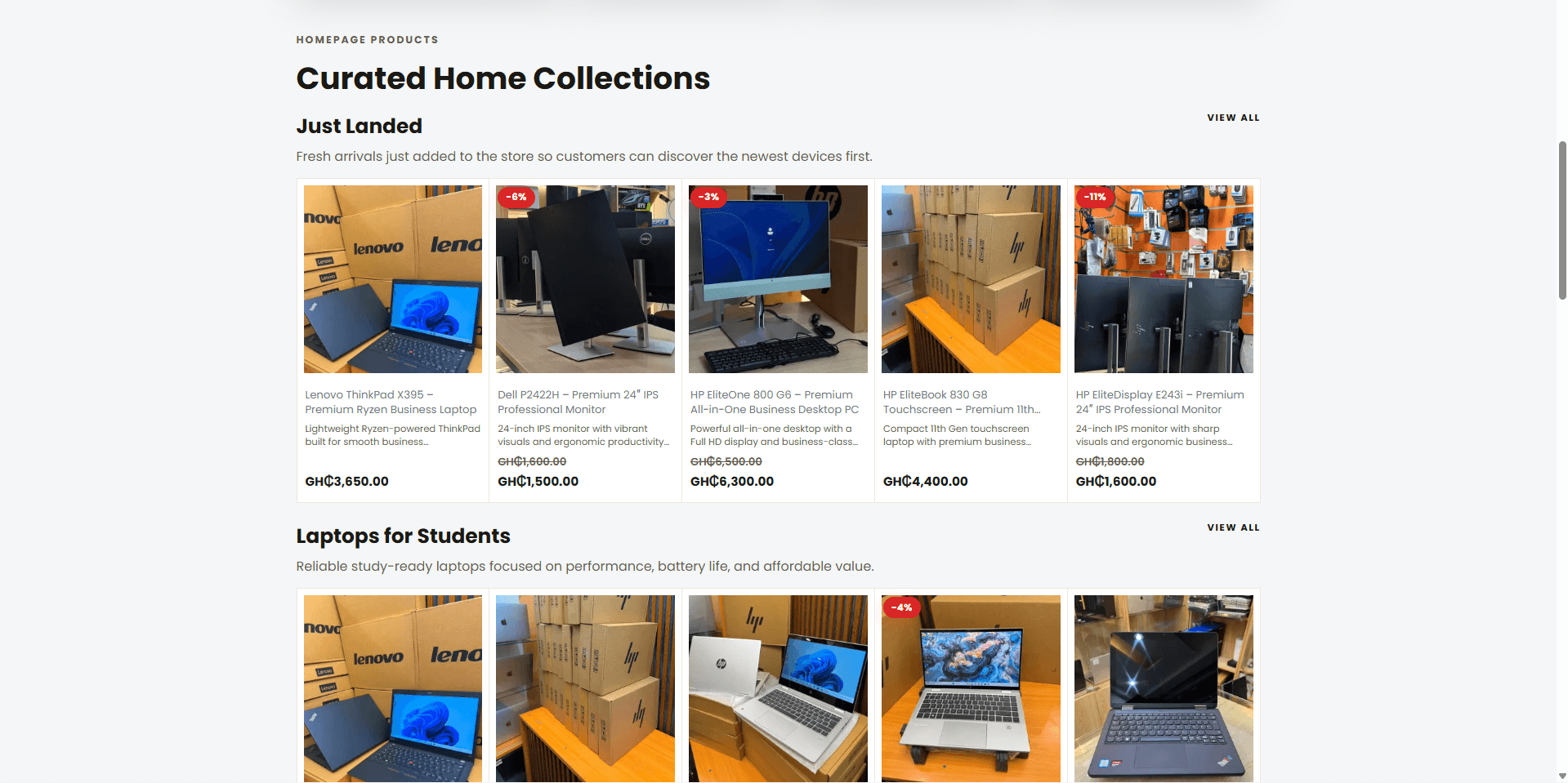 Homepage — curated product sections
